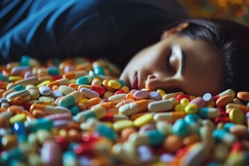Secretive Addiction to sleeping pills. Sleeping woman with sleep tablets on table. Generate ai