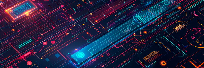 wavy background with digital pixels, circuit board patterns and colorful icons symbolizing innovation and progress