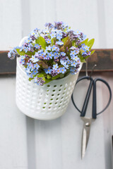 watering can and spatula for planting in the garden with a bouquet of flowers. Garden tools are...
