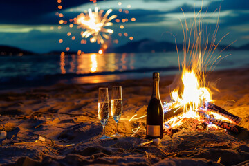Bottle of champagne and two glasses next to a bonfire on the beach with fireworks in the sky. Concept of Noche de San Juan and summer parties on the beach.
