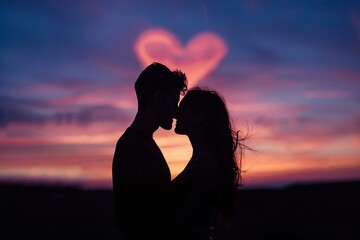 Silhouette of joyous couple kissing, vibrant sunset with streaks of purple, celebratory, side profile , the best image quality