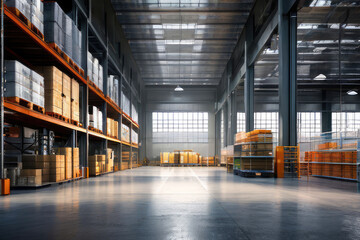 Fototapeta premium Modern warehouse interior with pallets and boxes.