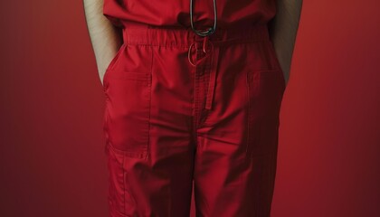 Simple yet striking shot of a medical workers torso in navy blue scrubs, conveying a sense of expertise and trust