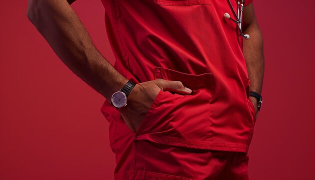 Simple yet striking shot of a medical workers torso in navy blue scrubs, conveying a sense of expertise and trust
