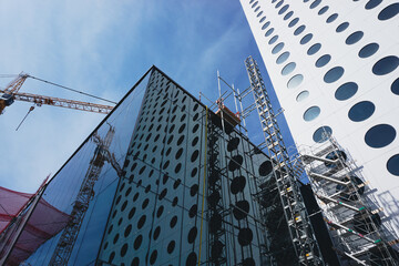 Low angle view of a modern building at a construction site