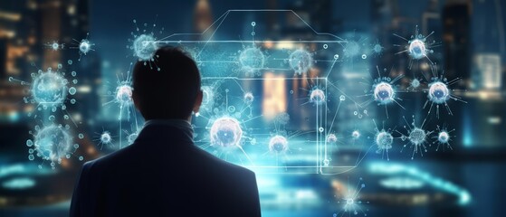 A close up of immunology with Glow HUD big Icon of immune system main idea concept