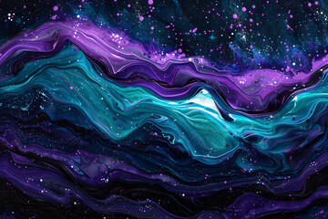 Luminous purple and turquoise neon galaxy painting. An ethereal creation on black background.