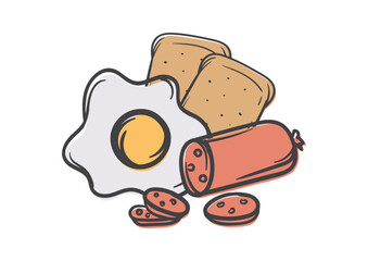 Fast food illustration. Junk food concept. Vector editable image of fried eggs, sausage and toast