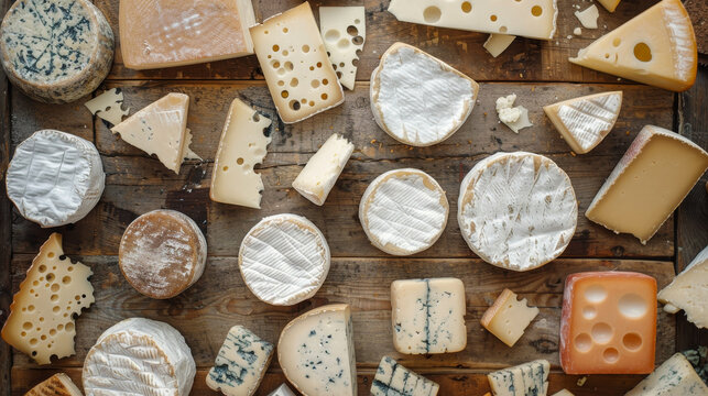 A variety of cheeses are displayed on a wooden table
