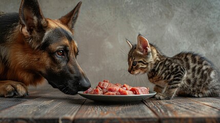 A German Shepherd and a Bengal cat side by side, sharing a meal of raw venison, highlighted against a soft grey backdrop