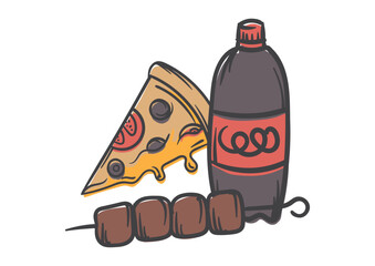 Fast food illustration. Junk food concept. Vector editable image of kebab, pizza and soda