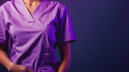 Professional medical personnel in light purple scrub suit, torso only visible, highlighted against a contrasting dark background