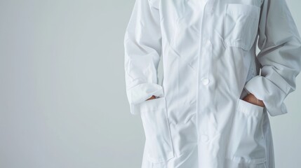Professional medical personnel in a white gown, torso only visible, set against a stark white background for clarity