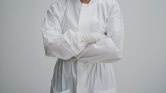 Professional medical personnel in a white gown, torso only visible, set against a stark white background for clarity