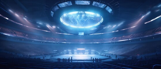 A multipurpose stadium equipped with a programmable jumbotron and atmospheric lighting, tailored for both sports and concerts in a futuristic, crowdless setting, with copy space