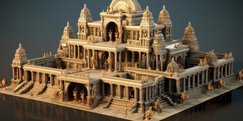 Fototapeta premium A small, intricate 3D model of an ancient temple complex, showcasing architectural marvels from a bygone era, isolated on a solid background