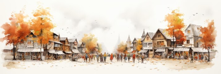 A small watercolor depicting a quaint village street during a bustling autumn festival, isolated with a white background