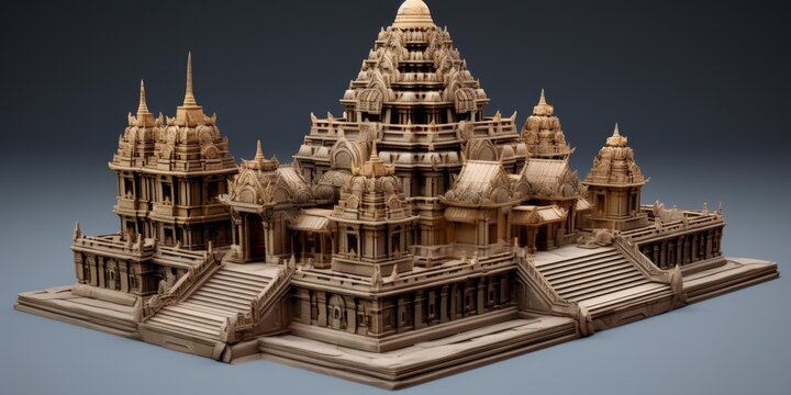A small, intricate 3D model of an ancient temple complex, showcasing architectural marvels from a bygone era, isolated on a solid background