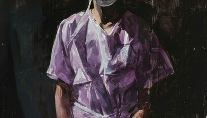 Fototapeta premium Patient in a light purple hospital gown, torso only visible, highlighted against a contrasting dark background to draw attention to the garment
