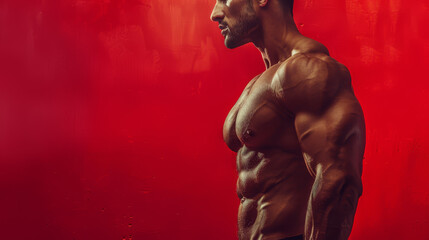 Fototapeta premium A man with a muscular body is standing in front of a red background