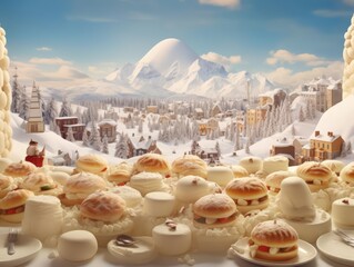 A whimsical winter landscape with mountains of mashed potatoes topped with gravy avalanches, and igloos made of dinner rolls, setting a festive mood in a food collage