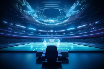 An empty football stadium adorned with futuristic, neonlit seating and an interactive holographic pitch, setting a vibrant stage for virtual matches, with copy space
