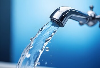 A close-up view of a faucet with running water against a blurred blue background, creating a sense of freshness and cleanliness