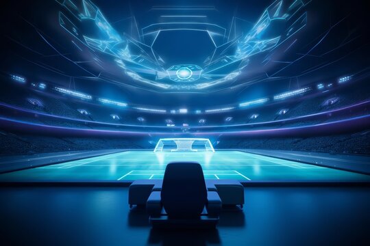 An empty football stadium adorned with futuristic, neonlit seating and an interactive holographic pitch, setting a vibrant stage for virtual matches, with copy space
