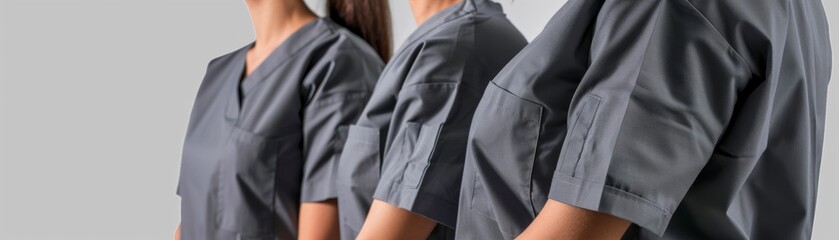 Medical staffs torso in charcoal gray scrubs, presented without any distractions, ideal for healthcare training materials