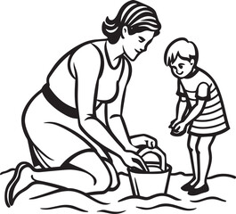 Mother and son playing on the beach.Children with toys.