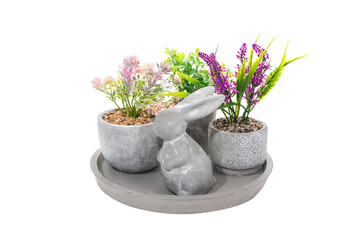 Easter decoration:concrete tray and concrete decorative bunny figure with flower in pot