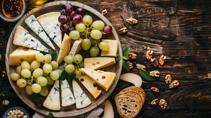 A plate of cheese, grapes, and bread on a wooden table
