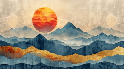 A gold mountain background modern from the mid century era with the sun, moon, sea and ocean. A modern contemporary art design for acrylic canvas, digital prints, wallpaper, posters, metal prints, or