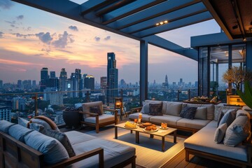 a rooftop patio with a view of a city and a sunset