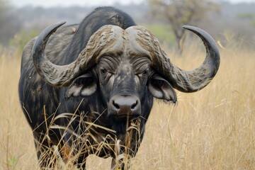 Fototapeta premium Portrait of a majestic african buffalo in its natural habitat with detailed fur and horns