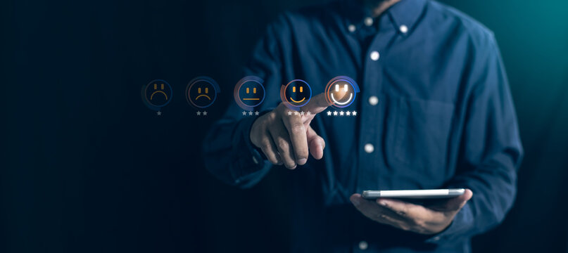 Perfection score satisfaction concept. A score of five in the survey indicates excellent satisfaction and perfection, garnering positive feedback from participants