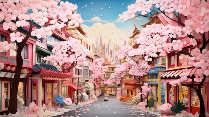Fototapeta premium Creative and colourful paper art of a bustling street in Tokyo during cherry blossom season, adorned with pastel paper cut styles
