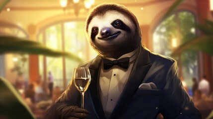 Obraz premium Creative charismatic of a sloth wearing a sleek, tailored tuxedo, attending a posh gala in an opulent mansion, half body with a blur background