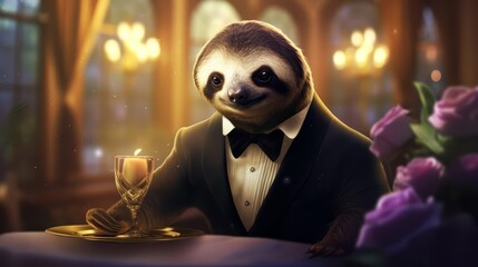 Obraz premium Creative charismatic of a sloth wearing a sleek, tailored tuxedo, attending a posh gala in an opulent mansion, half body with a blur background