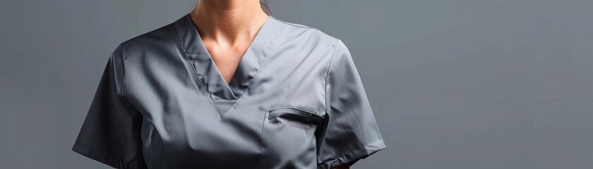 Highresolution image of a healthcare workers torso, wearing navy blue scrubs, emphasizing functionality and professionalism