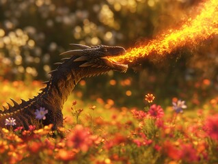 A dragon is standing in a field of flowers, with its mouth open and spewing fire. The scene is a mix of fantasy and nature, with the dragon representing a powerful and majestic creature