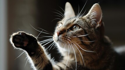 A cat with its paw reaching out as if its trying to touch something