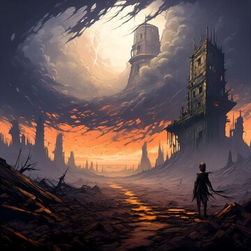 En un escenario apocal&iacute;ptico, el paisaje est&aacute; marcado por la desolaci&oacute;n y la ruina, donde la humanidad enfrenta el cataclismo. Visualiza un mundo donde edificios en ruinas se alzan como monumentos a u