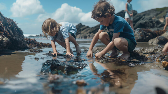 Kids exploring tide pools at the beach, their curiosity leading them to discover fascinating creatures beneath the surface. Dynamic and dramatic composition, with copy space