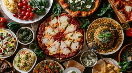 Fototapeta premium A colorful display of Italian flaginspired dishes like Margherita pizza, pesto pasta, and tiramisu