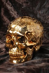 Golden Carved Skull with Intricate Patterns
