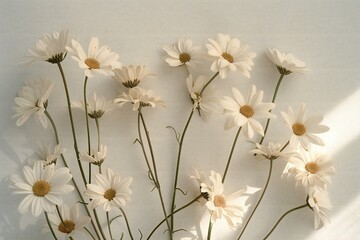 A bunch of white daisies arranged against a white wall - Powered by Adobe