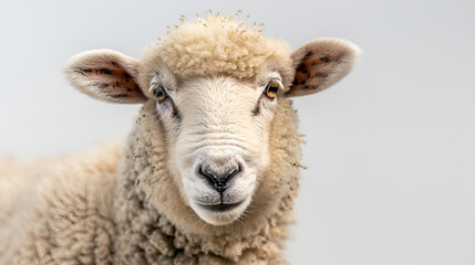 Sheep standing in front of white background copy space. Close-up of a white lamb looking at camera.
Generative AI 