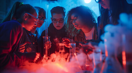 Teenagers gathered at a DIY science experiment party, conducting fun and educational experiments...