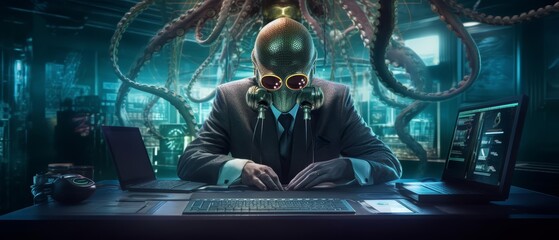 Futuristic concept of an octopus in a shimmering metallic suit, manipulating multiple gadgets in a hightech underwater lab, portrait with cyber styles